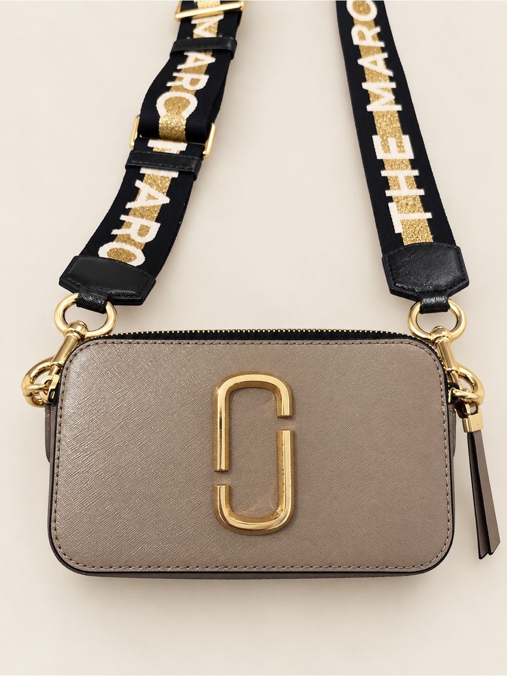Marc Jacobs Snapshot Crossbody Bag Taupe Gold Logo Strap